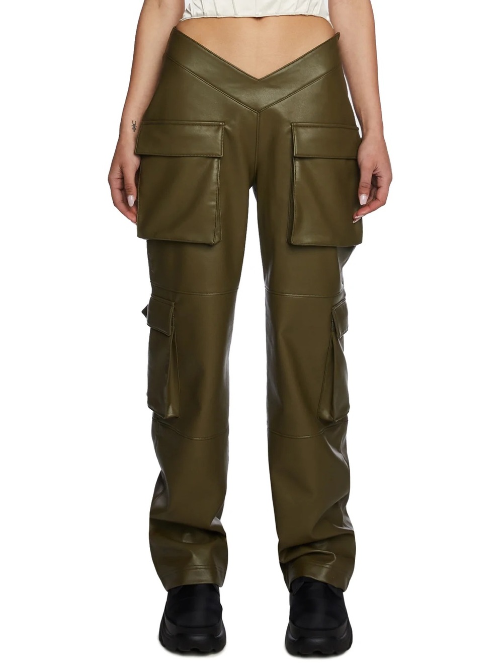 POSTER GIRL Olive Faux-Leather Cargo Pants with V-Waist